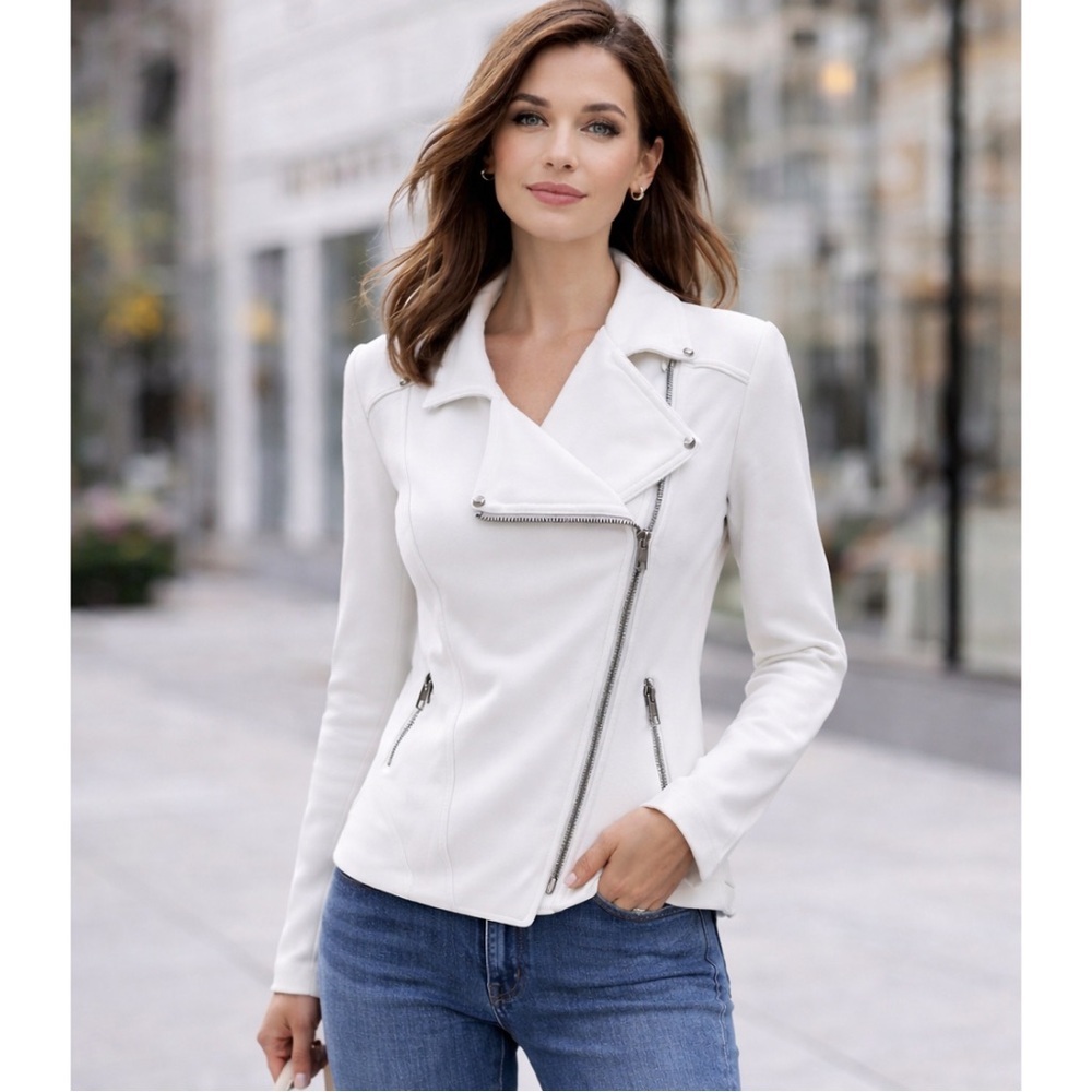 Minimalist White Moto Jacket Asymmetrical Zip Soft Stretch Modern Small